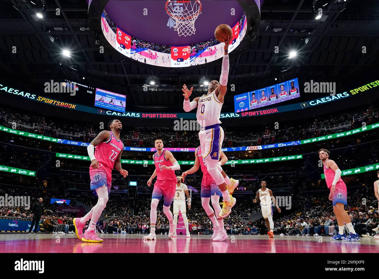 Los Angeles Lakers guard Russell Westbrook (0) shoots against the  Washington Wizards during the first half