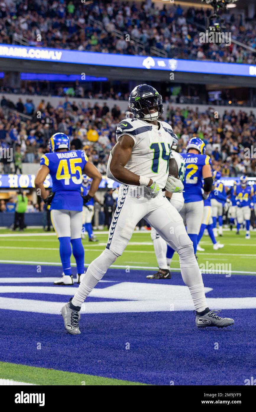 Seattle Seahawks wide receiver DK Metcalf (14) catches a touchdown and  celebrates against the Los Angeles Rams in an NFL football game, Sunday, Dec.  4, 2022, in Inglewood, Calif. Seahawks won 27-23. (