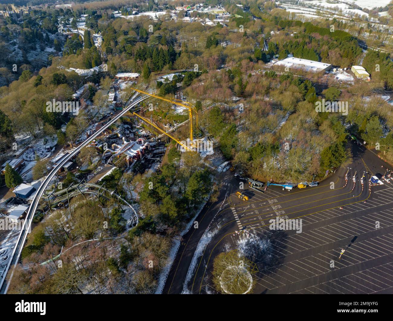 Snow Covered Alton Towers Aerial Drone Beautify Theme Park Photos Stock