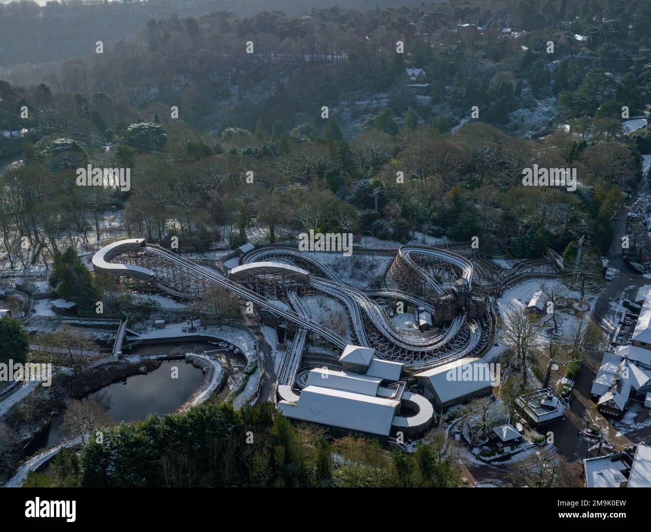 Snow Covered Alton Towers Aerial Drone Beautify Theme Park Photos Stock