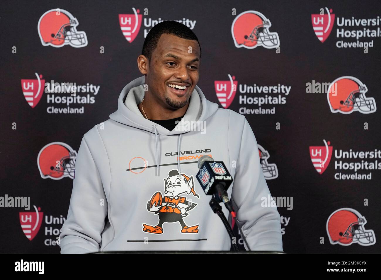 Cleveland Browns quarterback Deshaun Watson answers questions during a news conference following