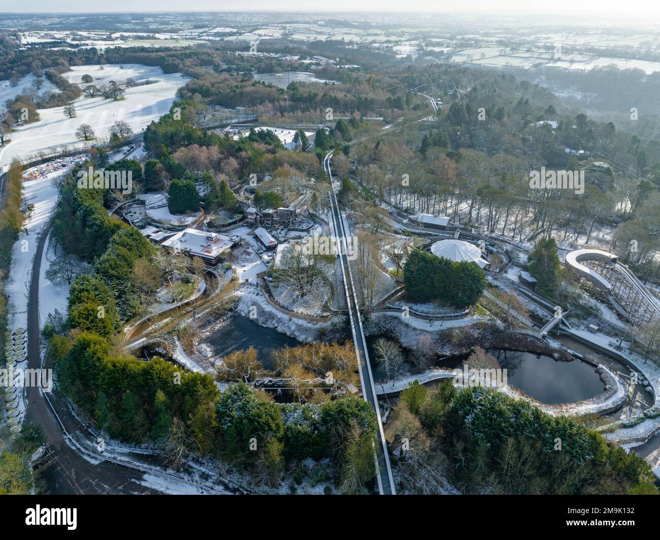 Snow Covered Alton Towers Aerial Drone Beautify Theme Park Photos Stock