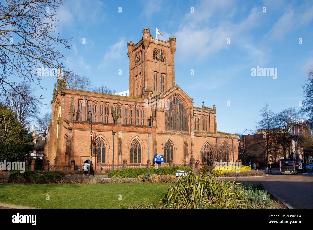 The Collegiate and Parish Church of St John the Baptist is an English church located in the Medieval area of Spon Street in the city centre of Coventry, West Midlands. The church is a Grade I listed building. The Church sits towards the end of the historic Spon Lane and in the centre of the City. Stock Photo