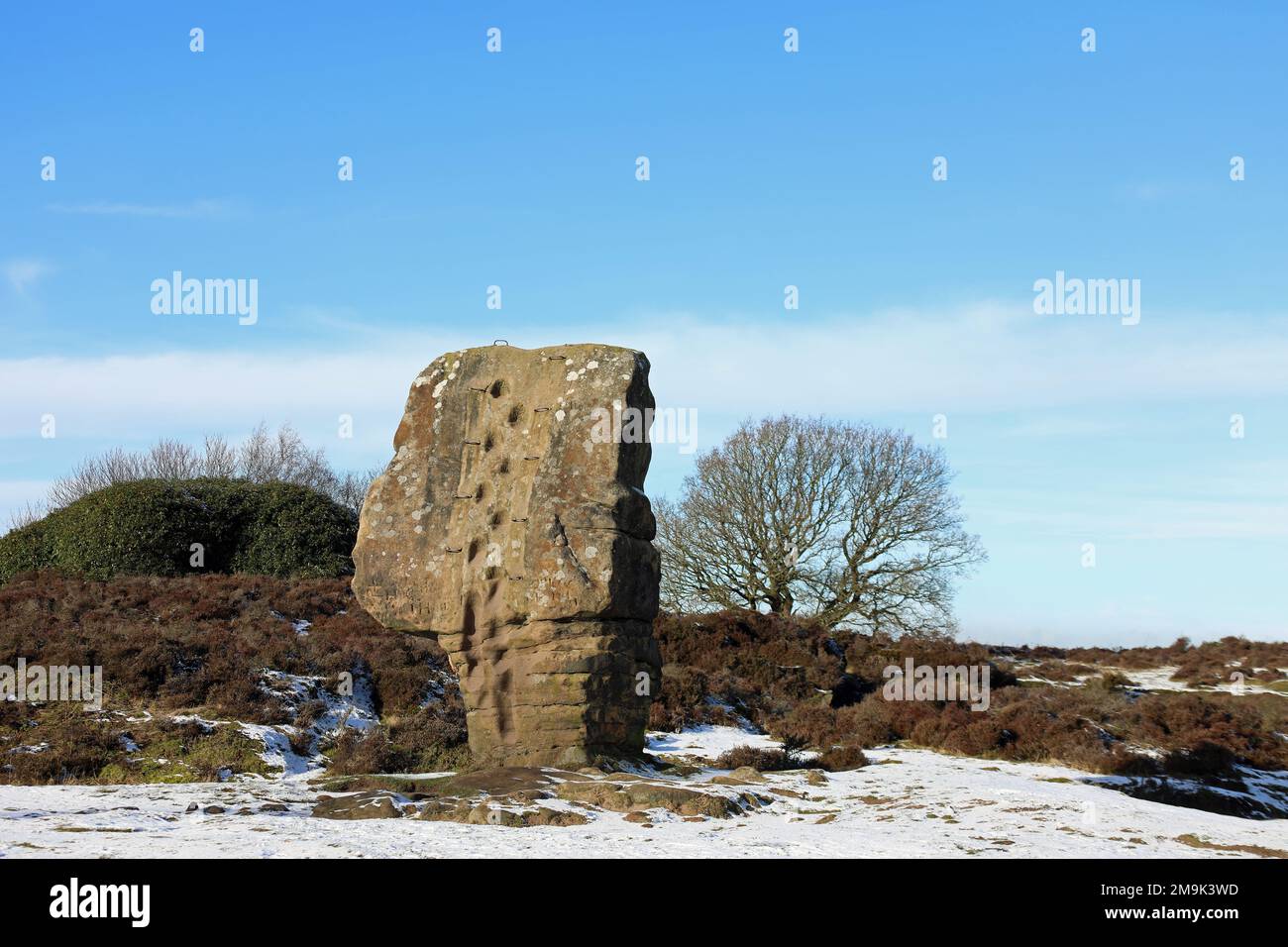 Natural sandstone pillar called the Cork Stone on Stanton Moor in the Derbyshire Peak District Stock Photo