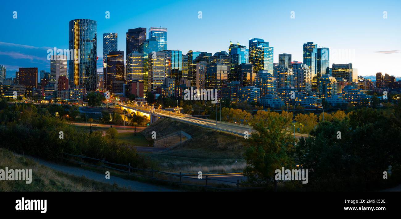 Cityscape with skyscrapers at dusk, Calgary, Alberta, Canada Stock Photo