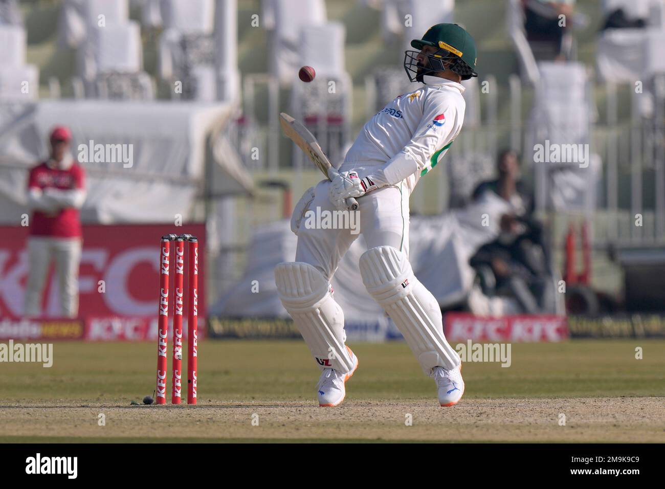 Pakistan Haris Rauf avoid a delivery during the fourth day of the first ...
