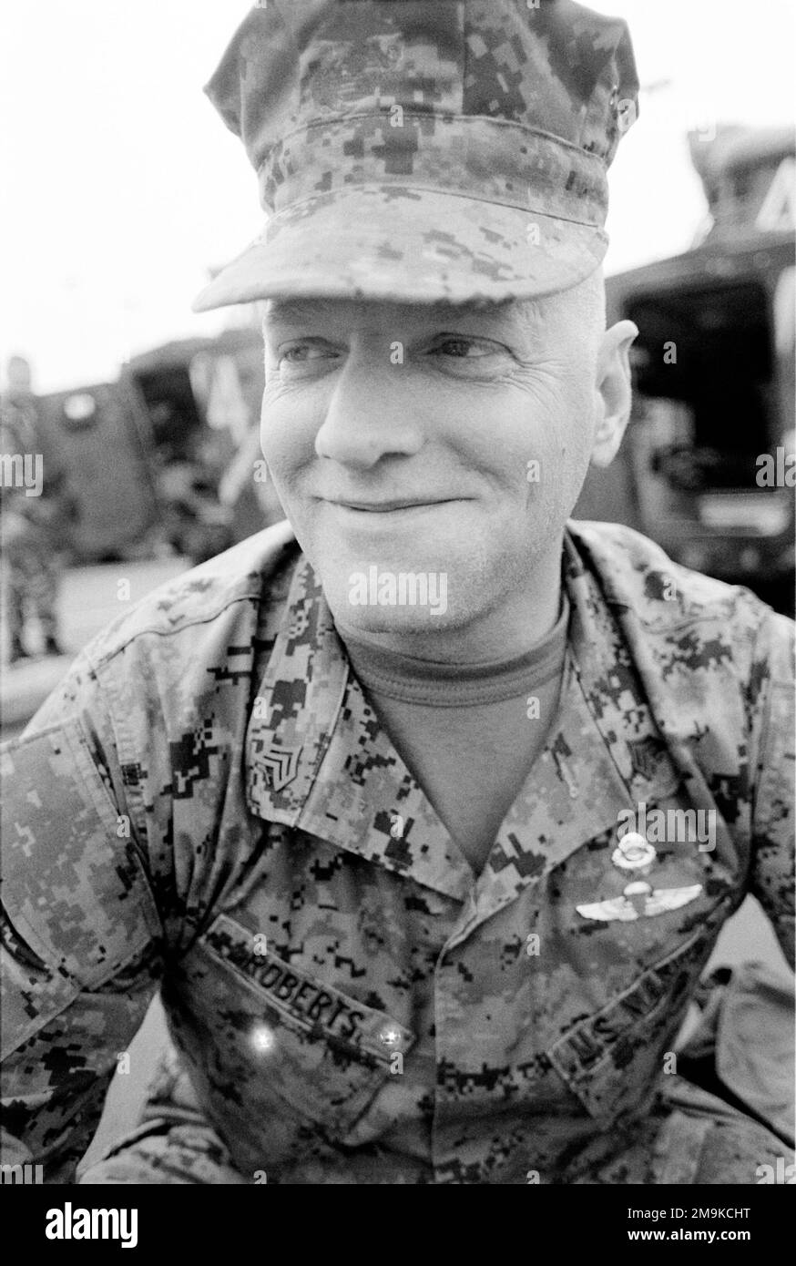 US Marine Corps Reserve (USMCR) Sergeant (SGT) Roberts, assigned to A/Company, 4th Light Armored Reconnaissance Battalion (LAR), poses for a photograph during mobilization activities at Camp Pendleton, California (CA), in preparation for deployment in support of Operation ENDURING FREEDOM. Subject Operation/Series: ENDURING FREEDOM Base: Marine Corps Base Camp Pendleton State: California (CA) Country: United States Of America (USA) Stock Photo