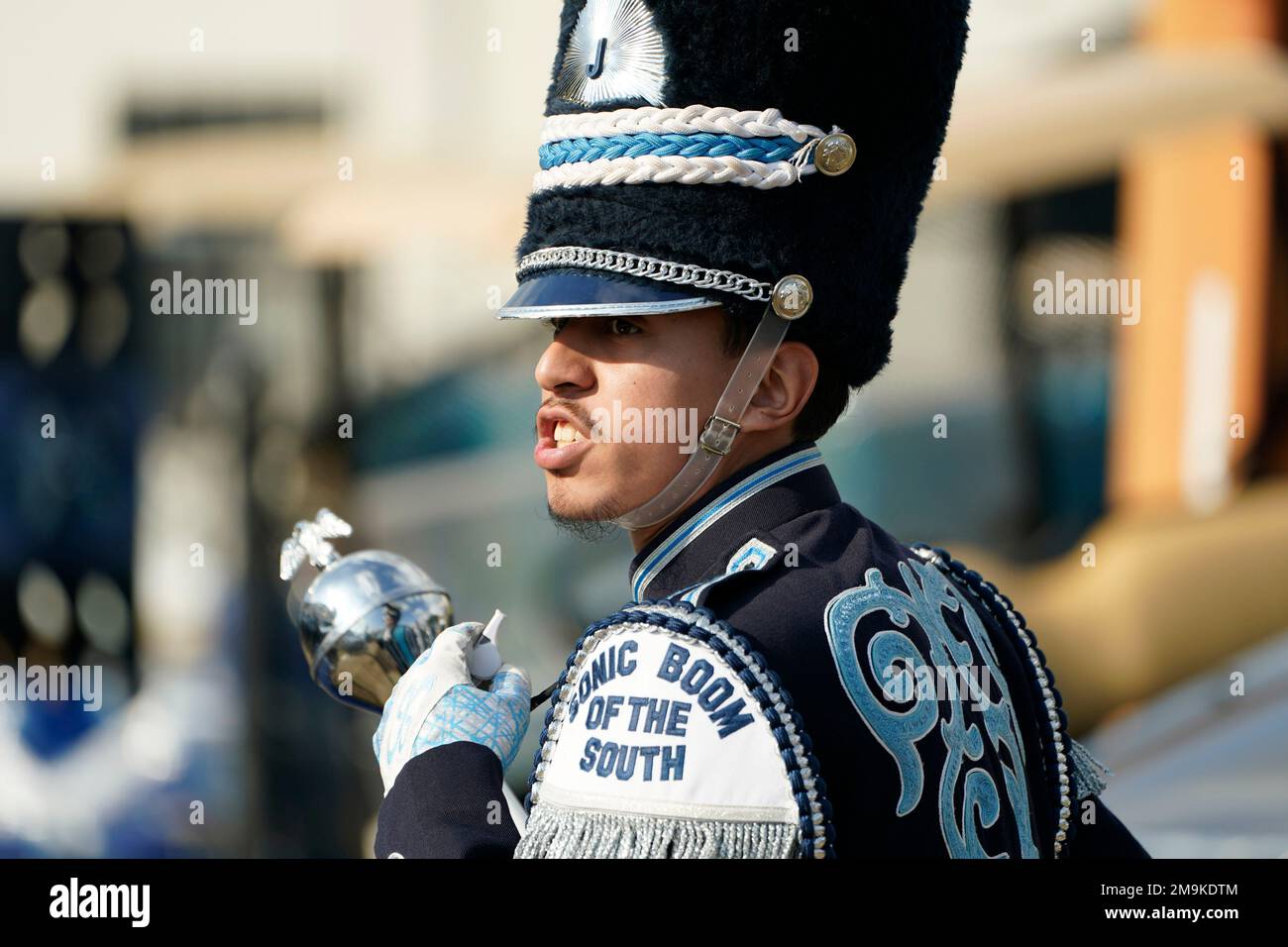 Jackson State head drum major Marvin Meda calls out to members of the