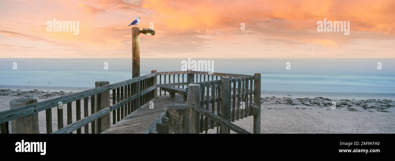 Wooden staircase on beach and Pacific Ocean, Pacific Beach, San Diego, California, USA Stock Photo