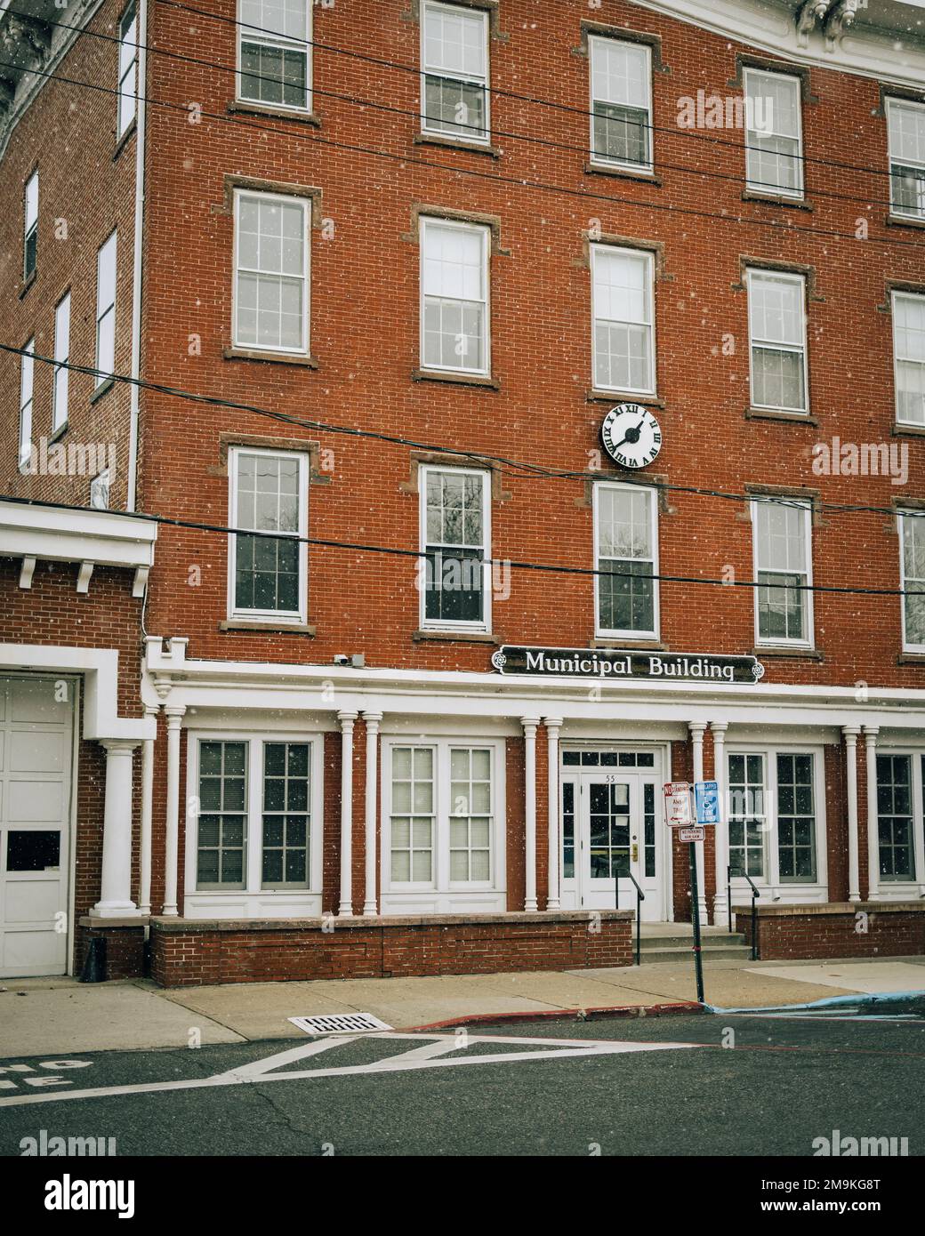 Municipal Building with light snowfall, Sag Harbor, New York Stock Photo