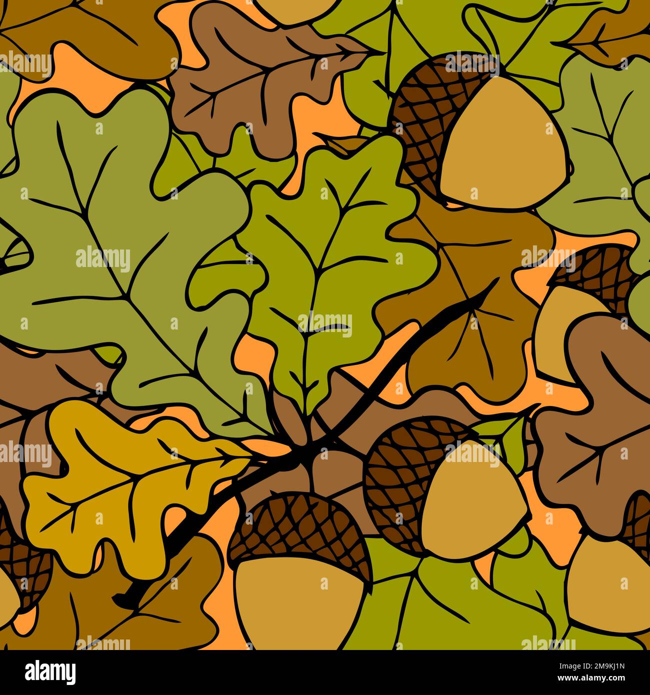 bright autumn seamless pattern of oak leaves and acorns on an orange ...