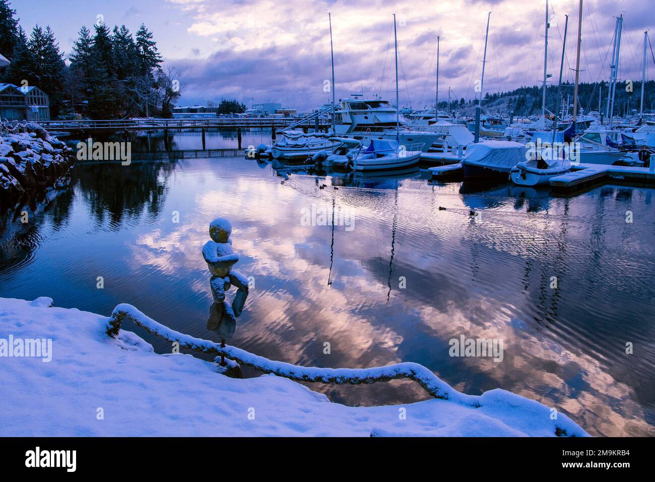 Statue in Eagle Harbor in winter, Bainbridge Island, Washington, USA