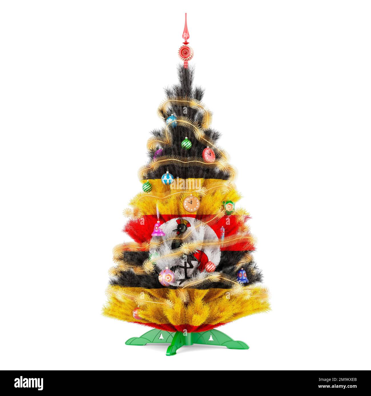 Ugandan flag painted on the Christmas tree, 3D rendering isolated on