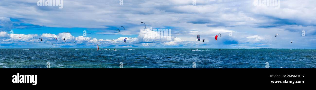 People kite boarding on sea in Tampa Bay, Florida, USA Stock Photo