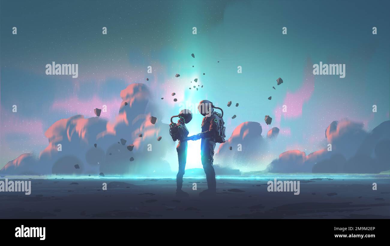 Astronaut couple holding each other's hands on space sky background, digital art style, illustration painting Stock Photo