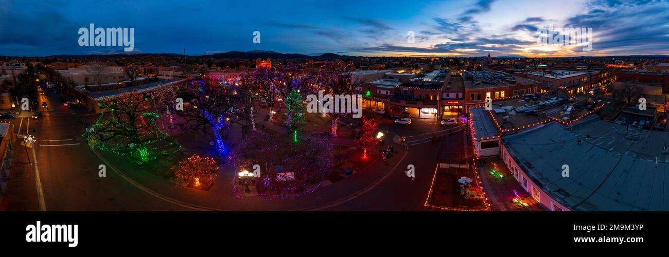 Christmas lights on cityscape, Santa Fe, New Mexico, USA Stock Photo