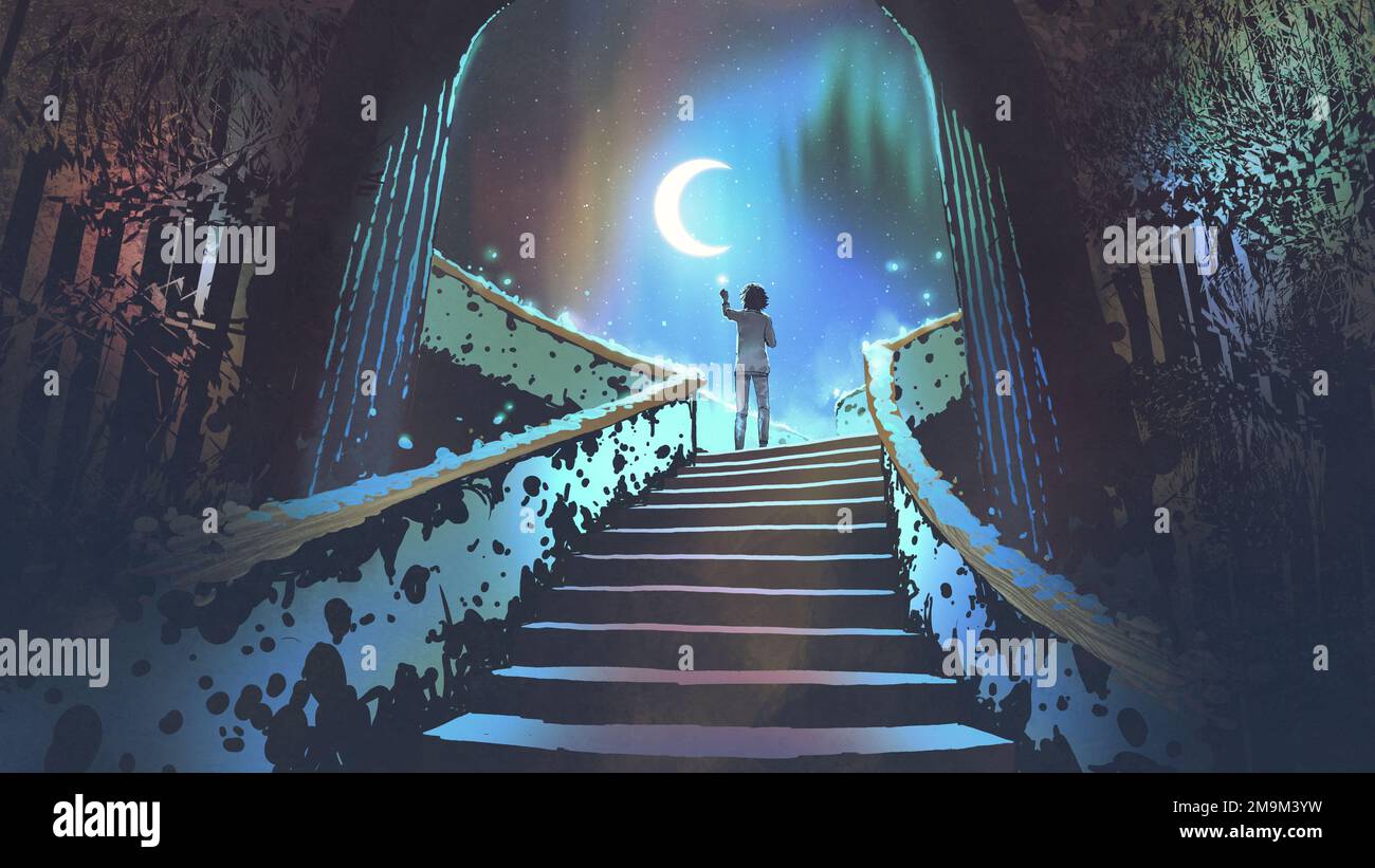 young woman standing on a fantasy staircase reaching for a small star in the sky, digital art style, illustration painting Stock Photo