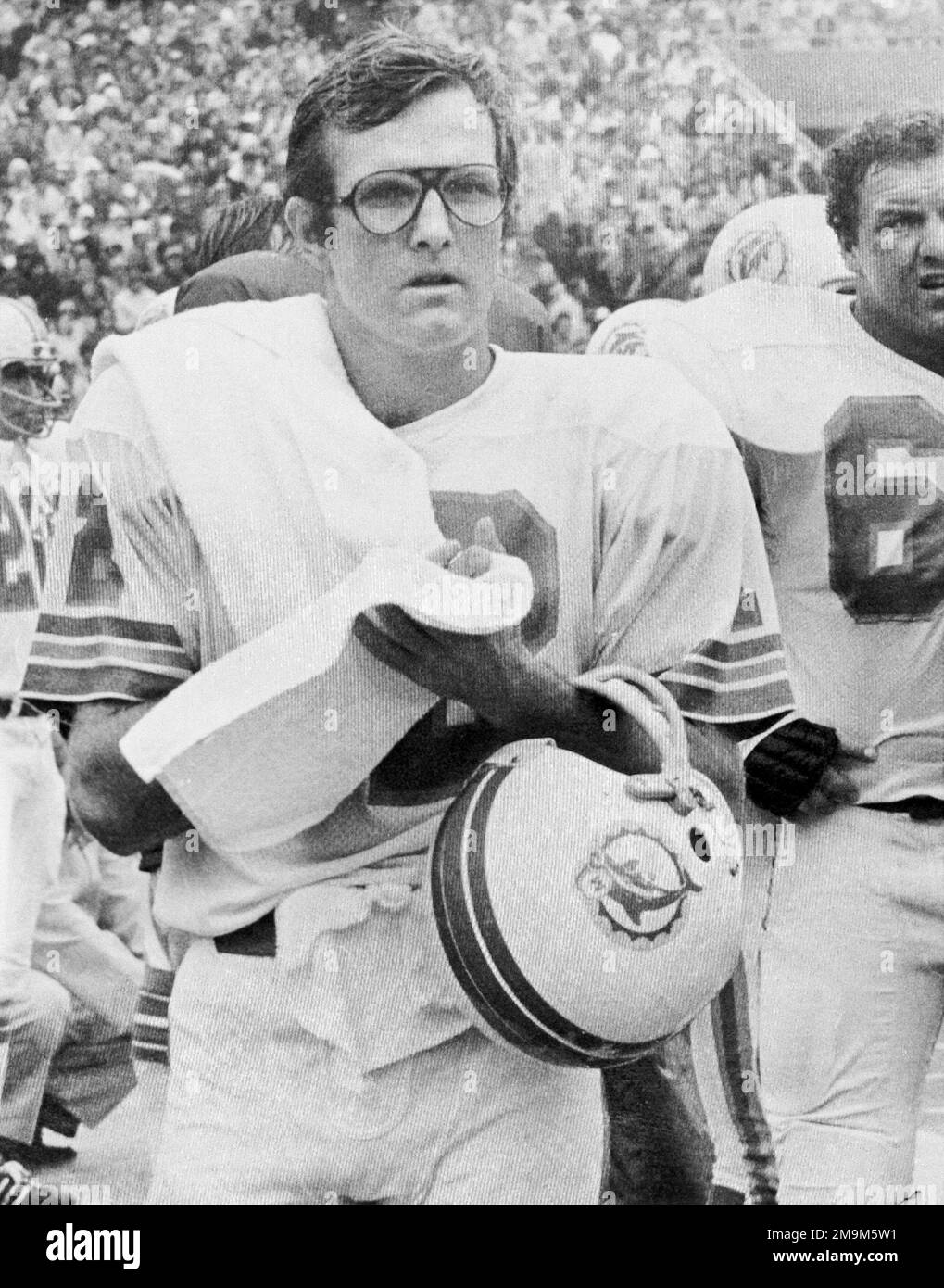 Miami Dolphins quarterback Bob Griese sports new glasses during the Dolphins game against the Buffalo Bills, Sept. 19, 1977, in Buffalo, NY. (AP Photo/Paul Shane) Stock Photo
