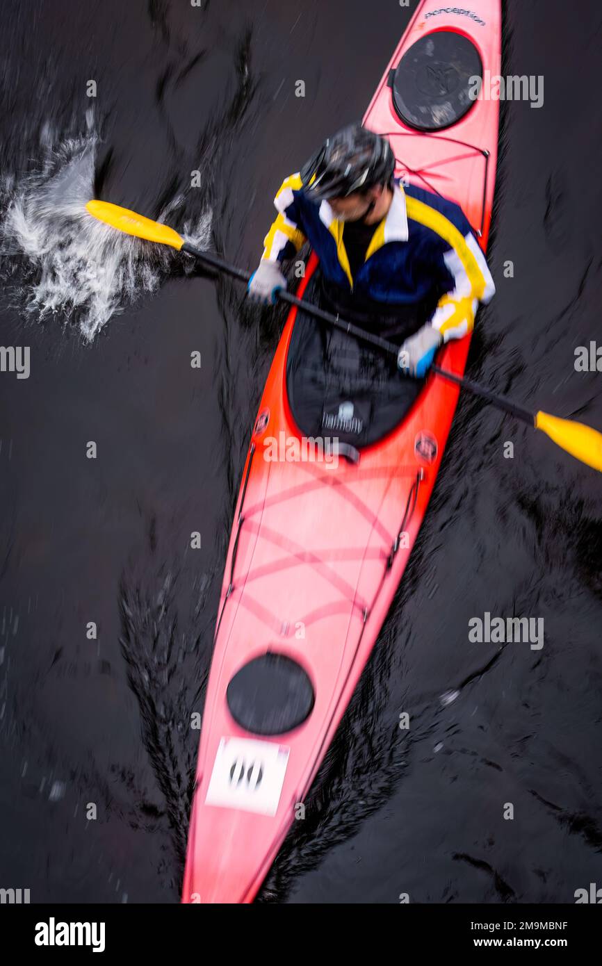 Man during canoe race, Saint George River, Appleton, Maine, USA Stock Photo