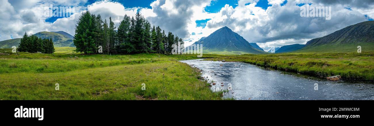 Meadow and River Etive and Creag Dubh mountain, Scotland, United Kingdom Stock Photo