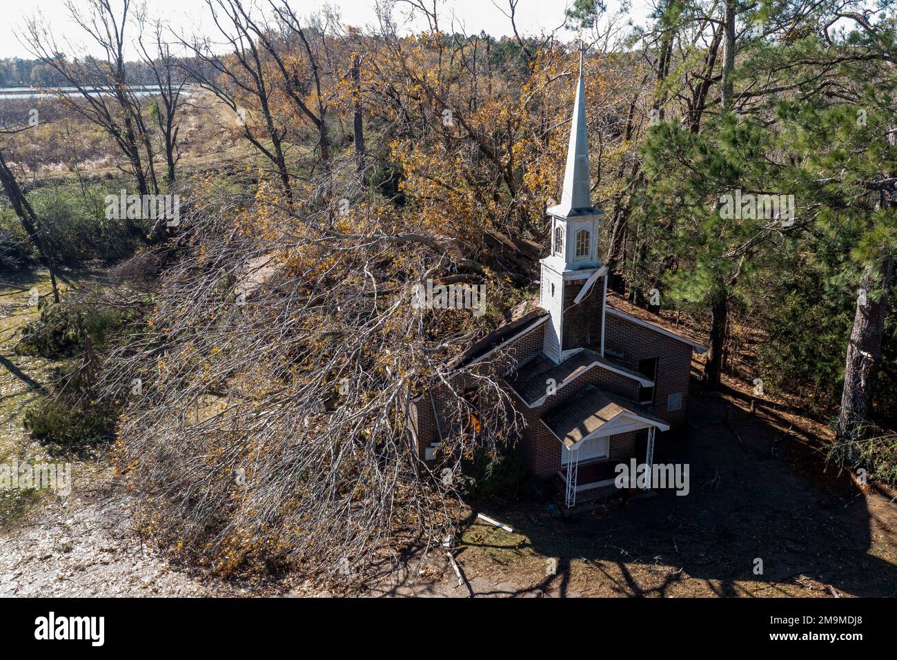 This aerial image shows a fallen tree that damaged Ezekiel Baptist