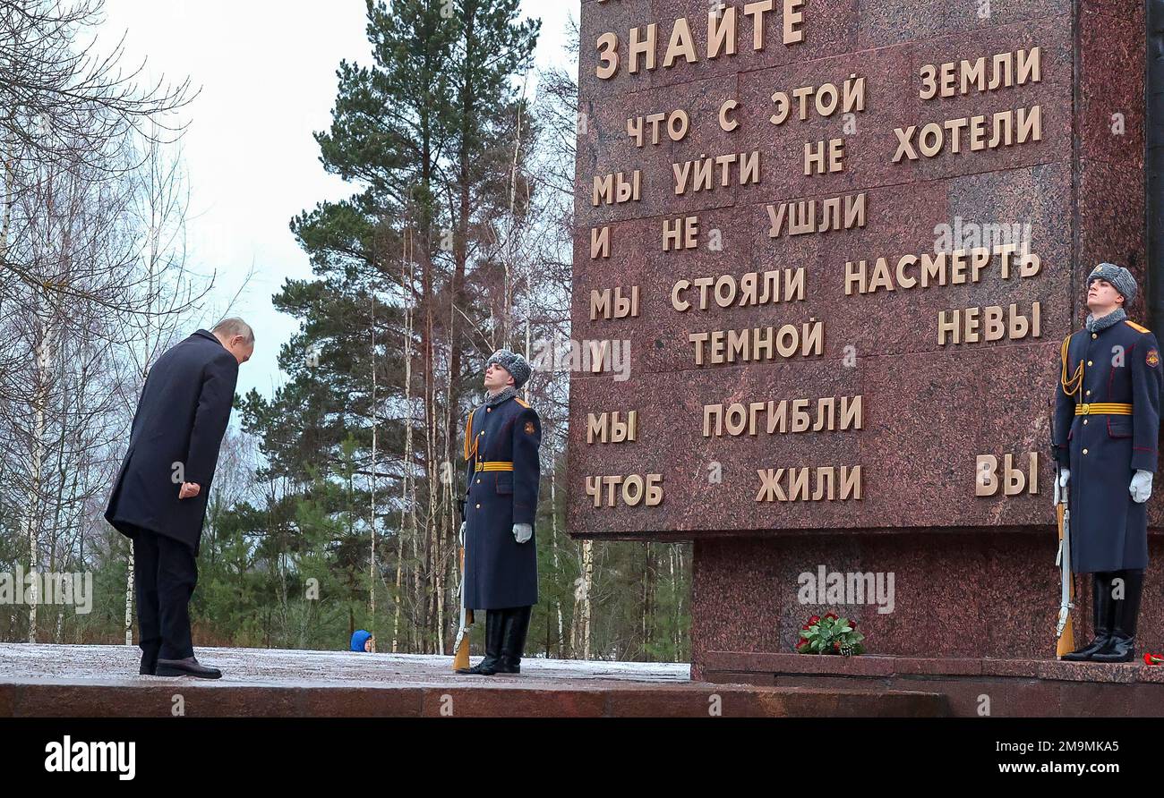 To mark the 80th anniversary of breaking the siege of Leningrad, Russian President Vladimir Putin took part in a wreath-laying ceremony at the Motherland monument at the Piskaryovskoye Memorial Cemetery. Photo: The Russian Presidential Office Stock Photo