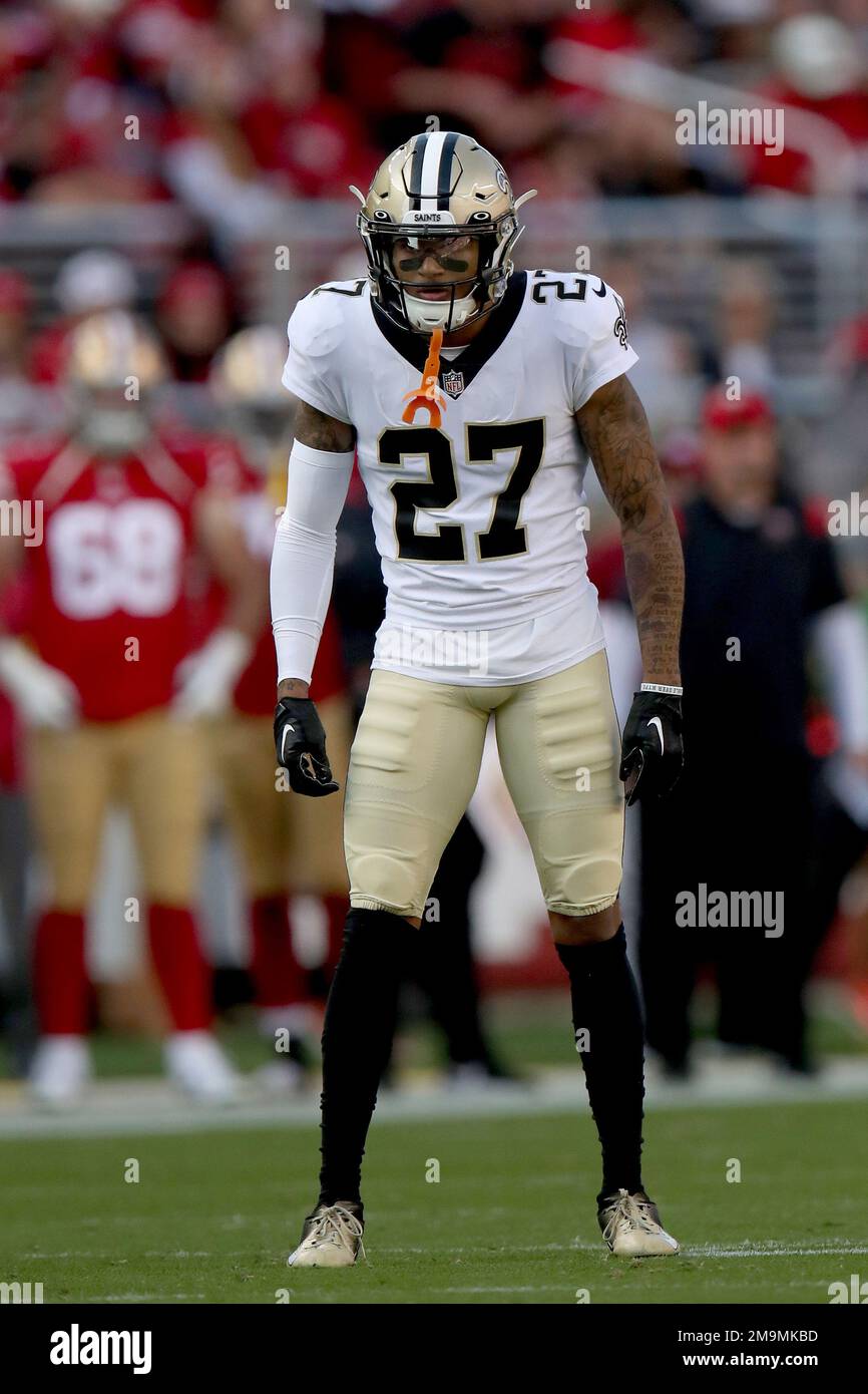 New Orleans Saints cornerback Alontae Taylor (27) looks into the backfield  during an NFL football game against the San Francisco 49ers, Sunday,  Nov.27, 2022, in Santa Clara, Calif. (AP Photo/Scot Tucker Stock