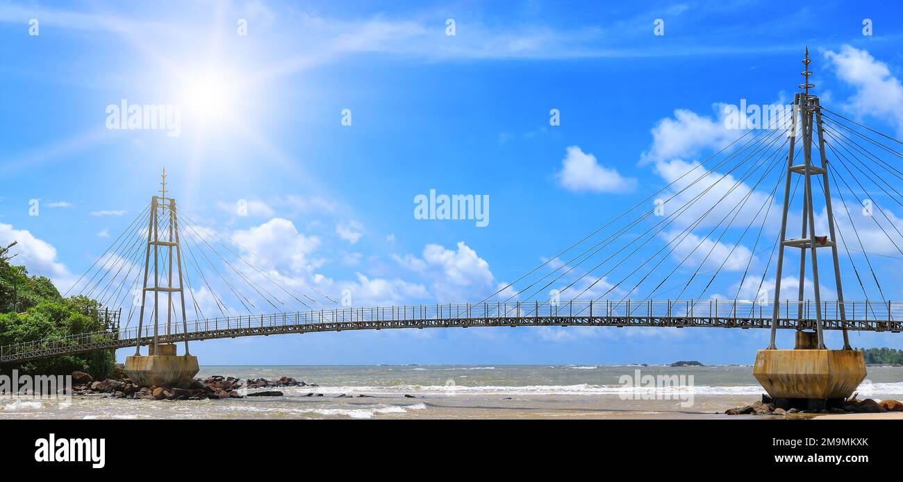 Bridge to island, ocean and sun in blue sky (Matara, Sri Lanka ...