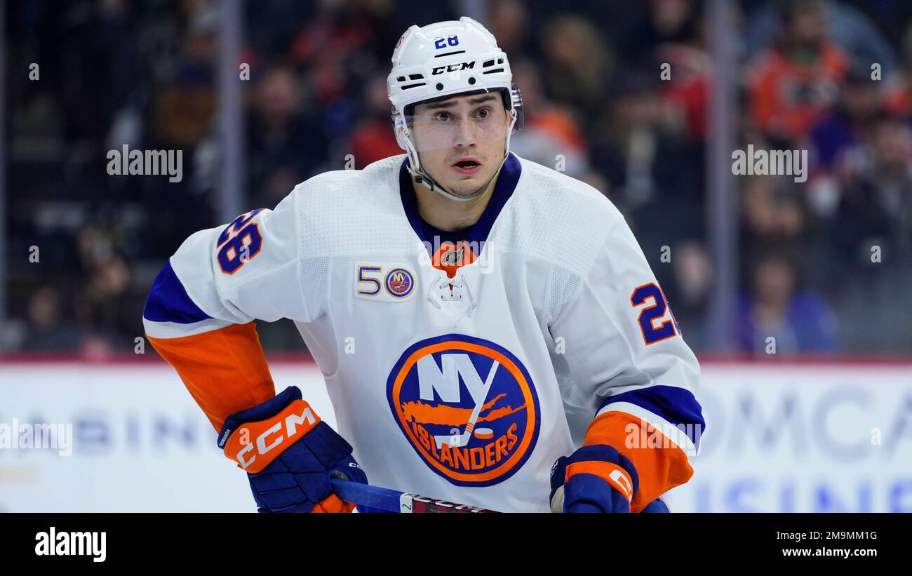 New York Islanders' Alexander Romanov plays during an NHL hockey game, Tuesday, Nov. 29, 2022, in Philadelphia. (AP Photo/Matt Slocum Stock Photo - Alamy