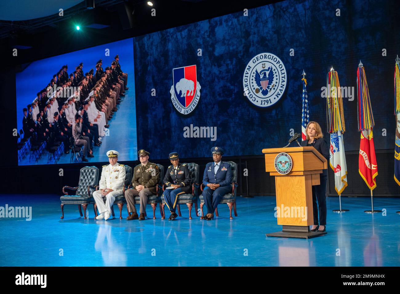 Deputy Secretary of Defense Kathleen H. Hicks speaks at the National Capital Region ROTC Detachment commencement at Fort Myer, Virginia, May 20, 2022. The class of 2022 had 87 cadets with 14 of them commissioning as Distinguished Military Graduates, the top 20% of cadets in the nation. Stock Photo