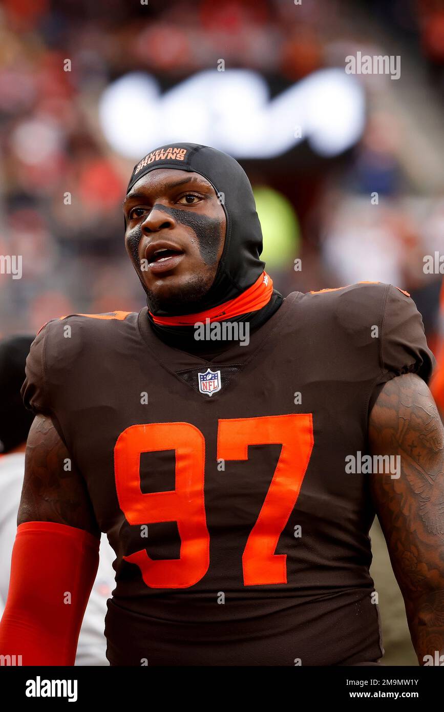 Cleveland Browns defensive tackle Perrion Winfrey (97) stands on the  sideline during an NFL football game against the Tampa Bay Buccaneers,  Sunday, Nov. 27, 2022, in Cleveland. (AP Photo/Kirk Irwin Stock Photo -  Alamy