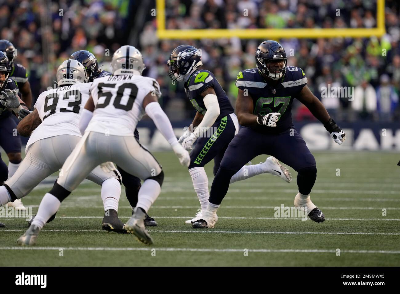 Seattle Seahawks offensive tackle Charles Cross (67) during an NFL football  game against the Denver Broncos, Monday, Sept. 12, 2022, in Seattle, WA.  The Seahawks defeated the Bears 17-16. (AP Photo/Ben VanHouten