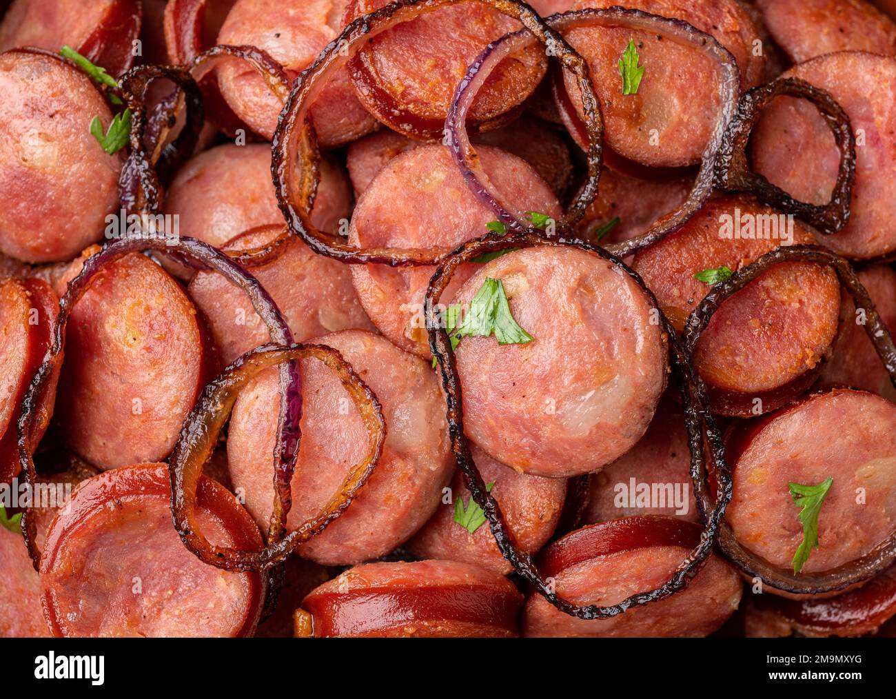 Closeup of grilled calabrese sausage portion with onion. Stock Photo