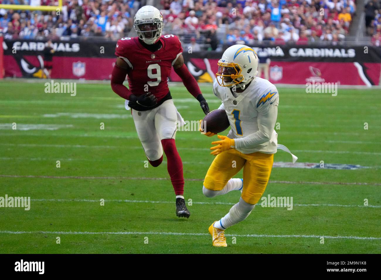 Los Angeles Chargers wide receiver Joshua Palmer (5) during the first half  of an NFL football game against the Arizona Cardinals, Sunday, Nov. 27,  2022, in Glendale, Ariz. (AP Photo/Rick Scuteri Stock