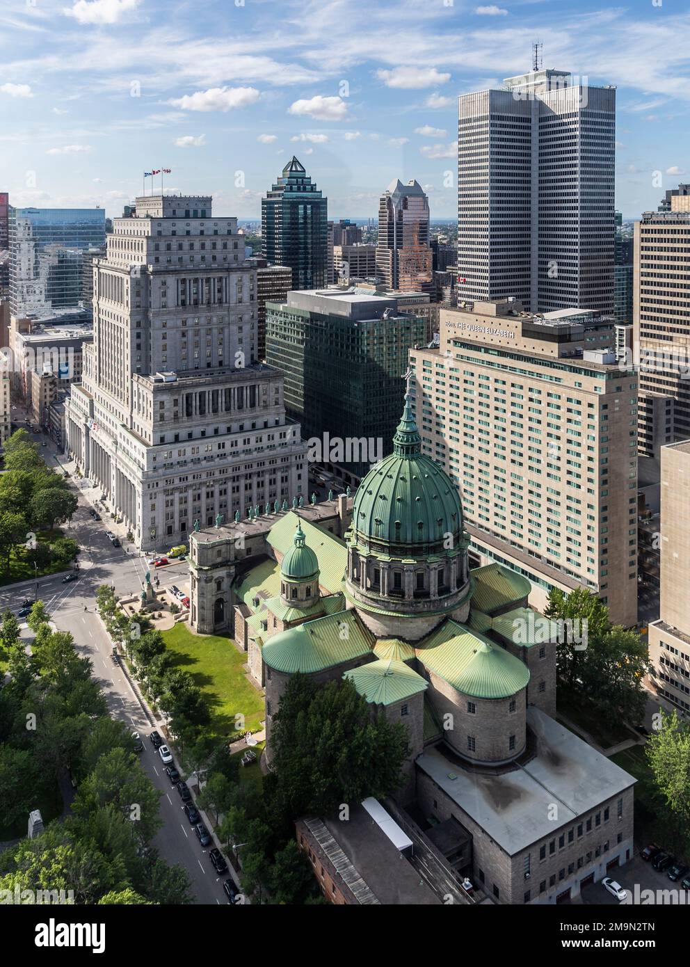 An aerial view of downtown Montreal showing the Mary Queen of the World
