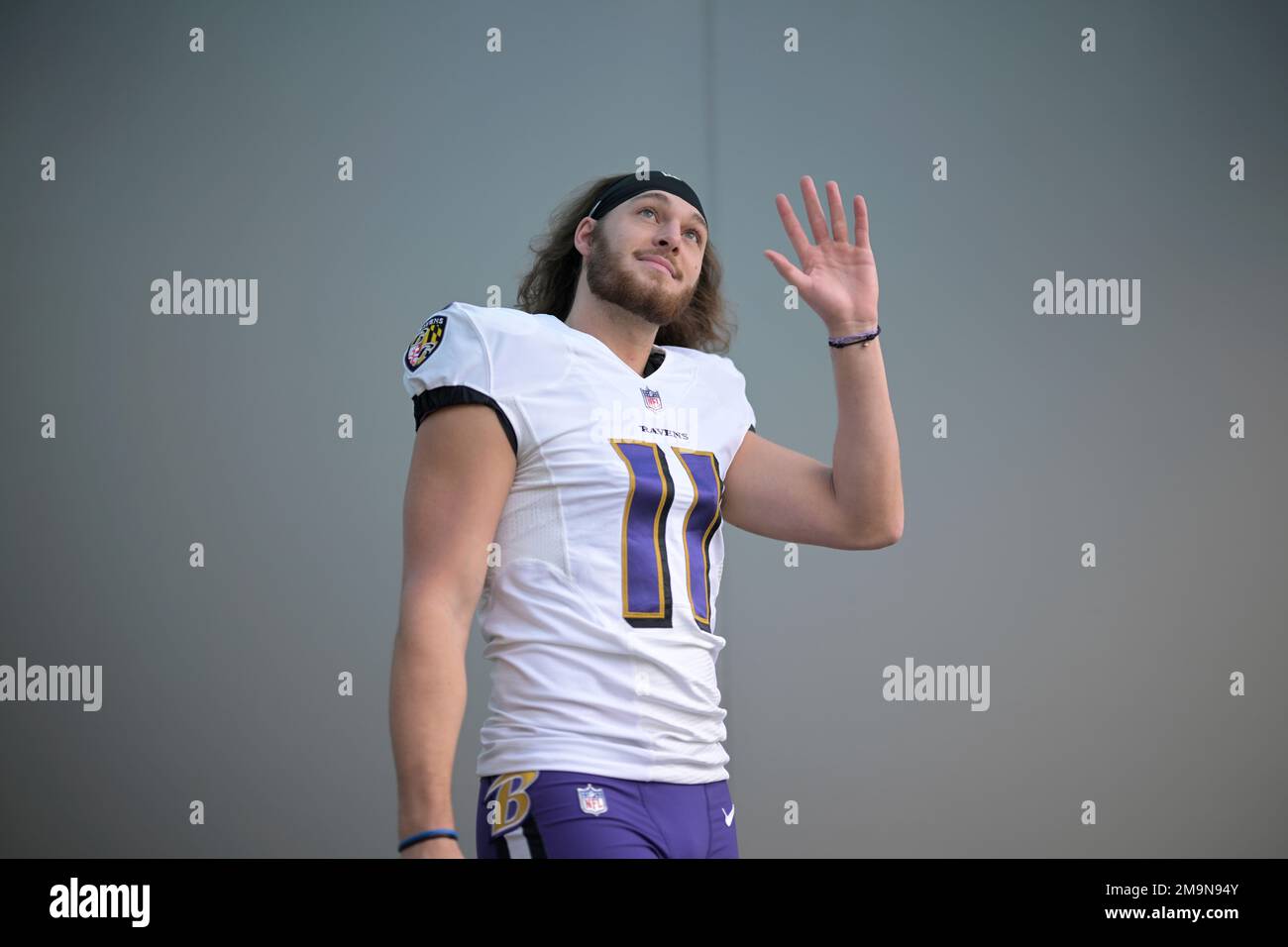 Baltimore Ravens punter Jordan Stout (11) in action during the second half  of an NFL preseason football game against the Philadelphia Eagles,  Saturday, Aug. 12, 2023, in Baltimore. (AP Photo/Nick Wass Stock