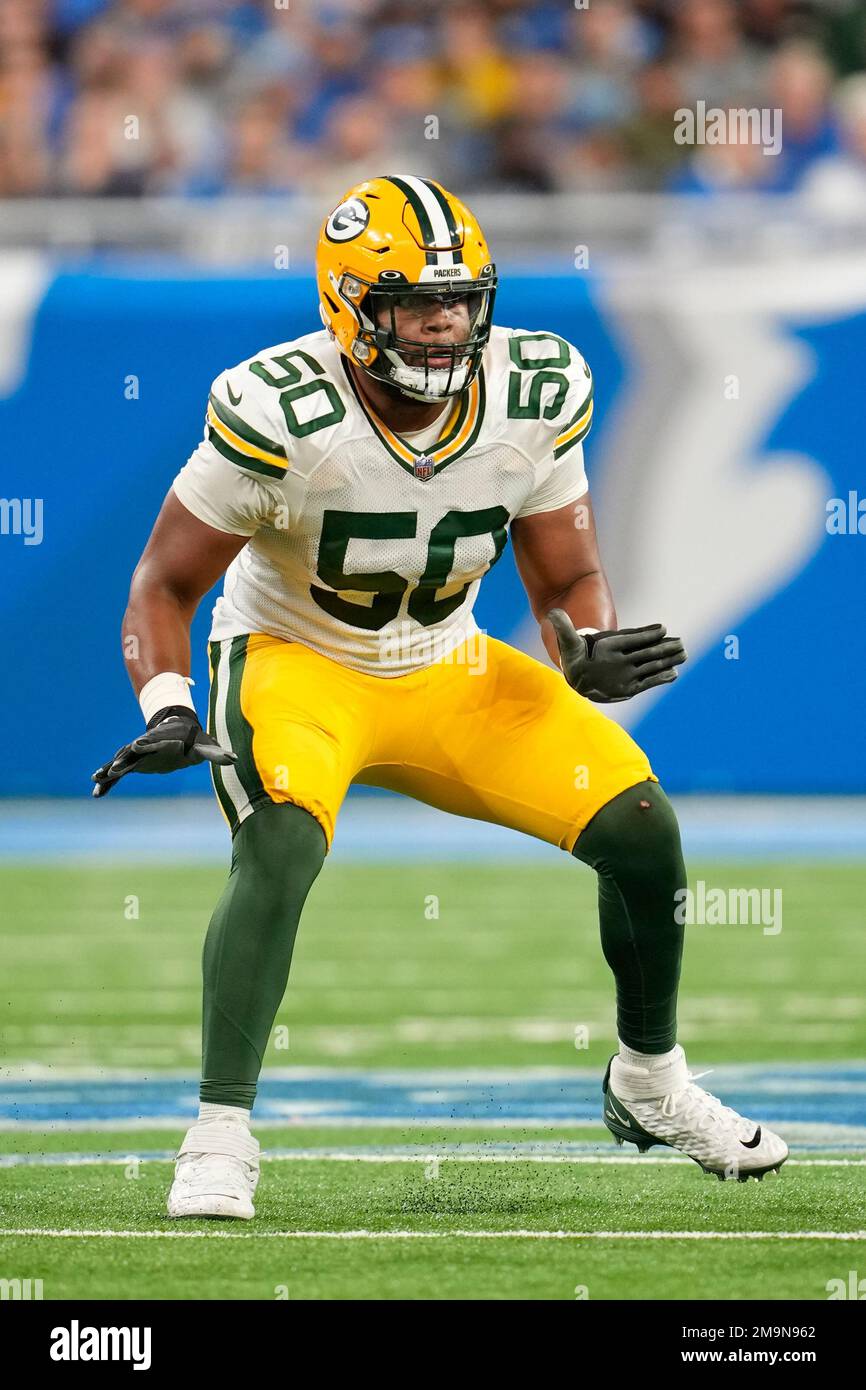 Green Bay Packers guard Zach Tom (50) plays against the Detroit
