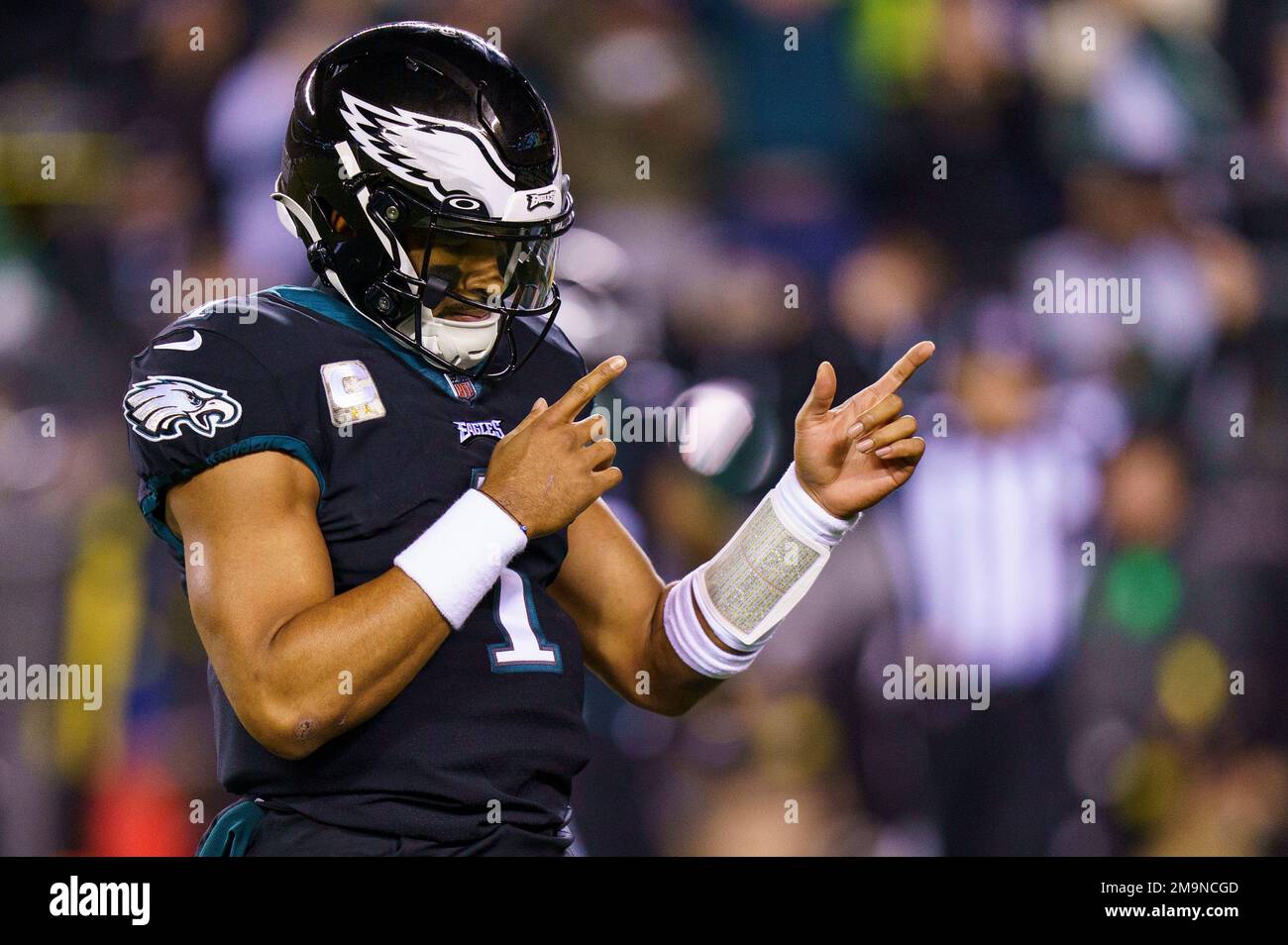 Philadelphia Eagles quarterback Jalen Hurts (1) reacts after a