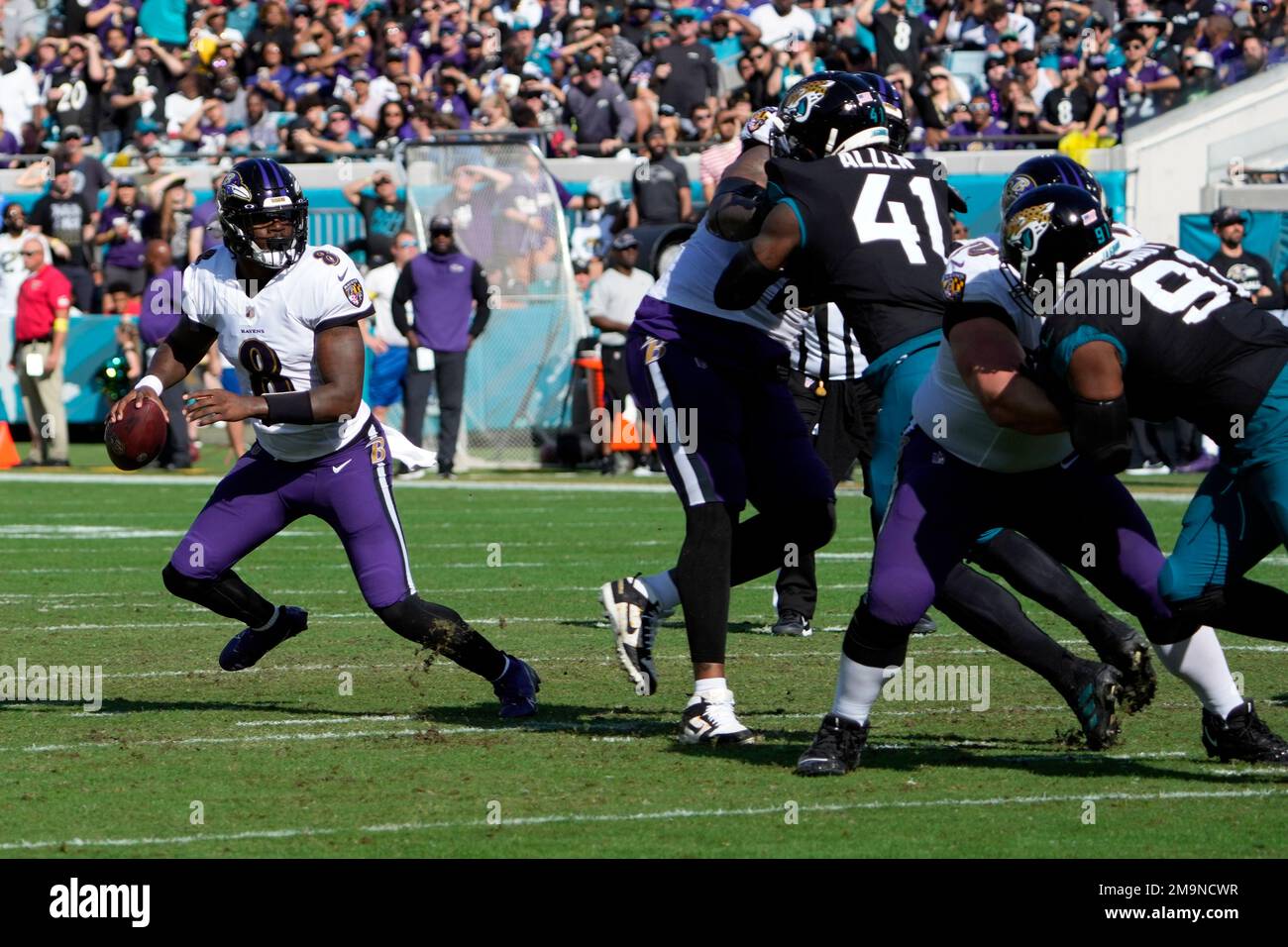 Baltimore Ravens Quarterback Lamar Jackson (8) Looks For A Receiver ...