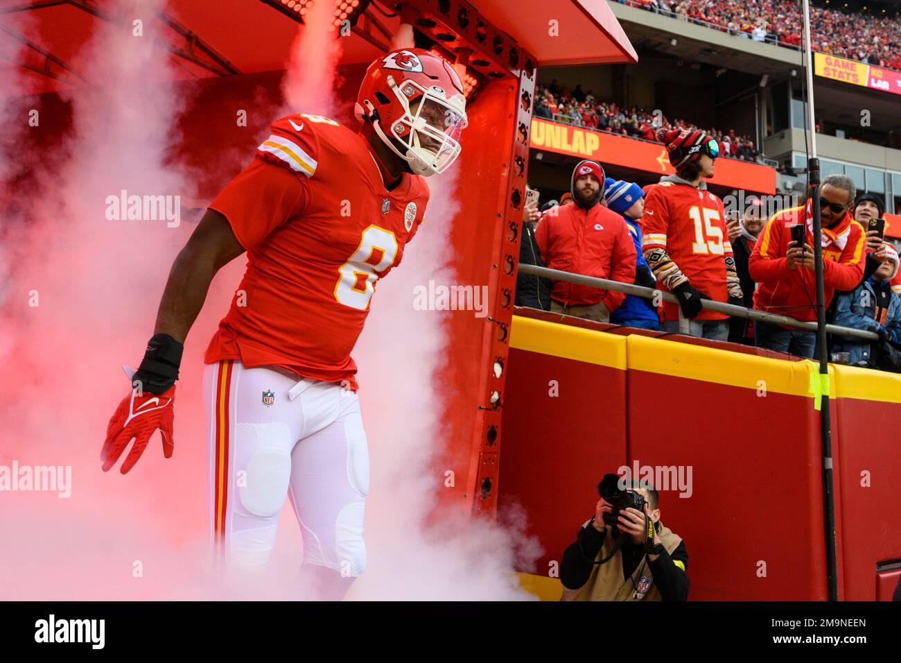 Kansas City Chiefs defensive end Carlos Dunlap on the sidelines near the  end of their NFL football game against the Los Angeles Rams, Sunday, Nov.  27, 2022 in Kansas City, Mo. (AP