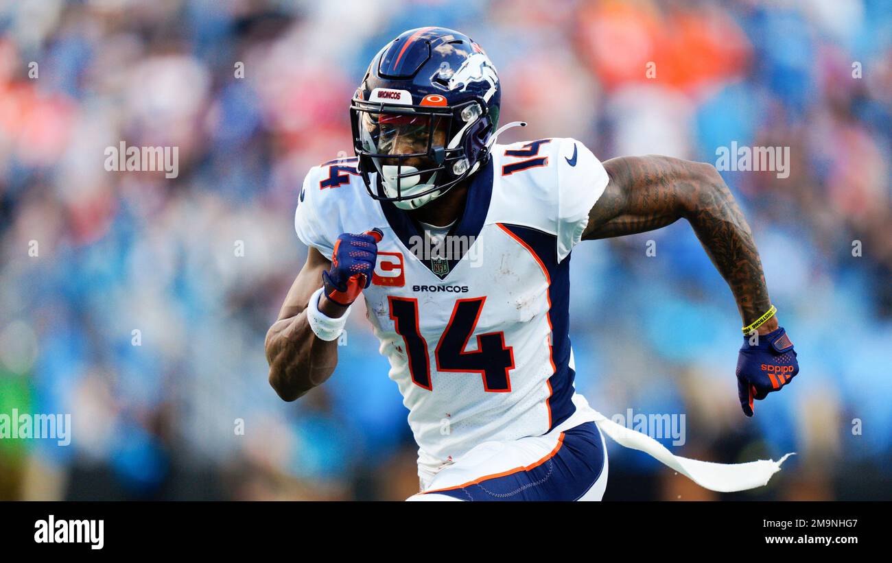 Denver Broncos wide receiver Courtland Sutton run during the second half of  an NFL football game between the Carolina Panthers and the Denver Broncos  on Sunday, Nov. 27, 2022, in Charlotte, N.C. (