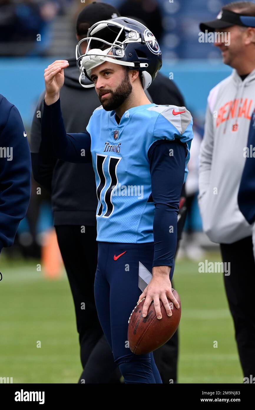 NASHVILLE, TN - NOVEMBER 27: Tennessee Titans place kicker Caleb Shudak (11)  connects on a field goal in the second half during a game between the  Tennessee Titans and Cincinnati Bengals, November