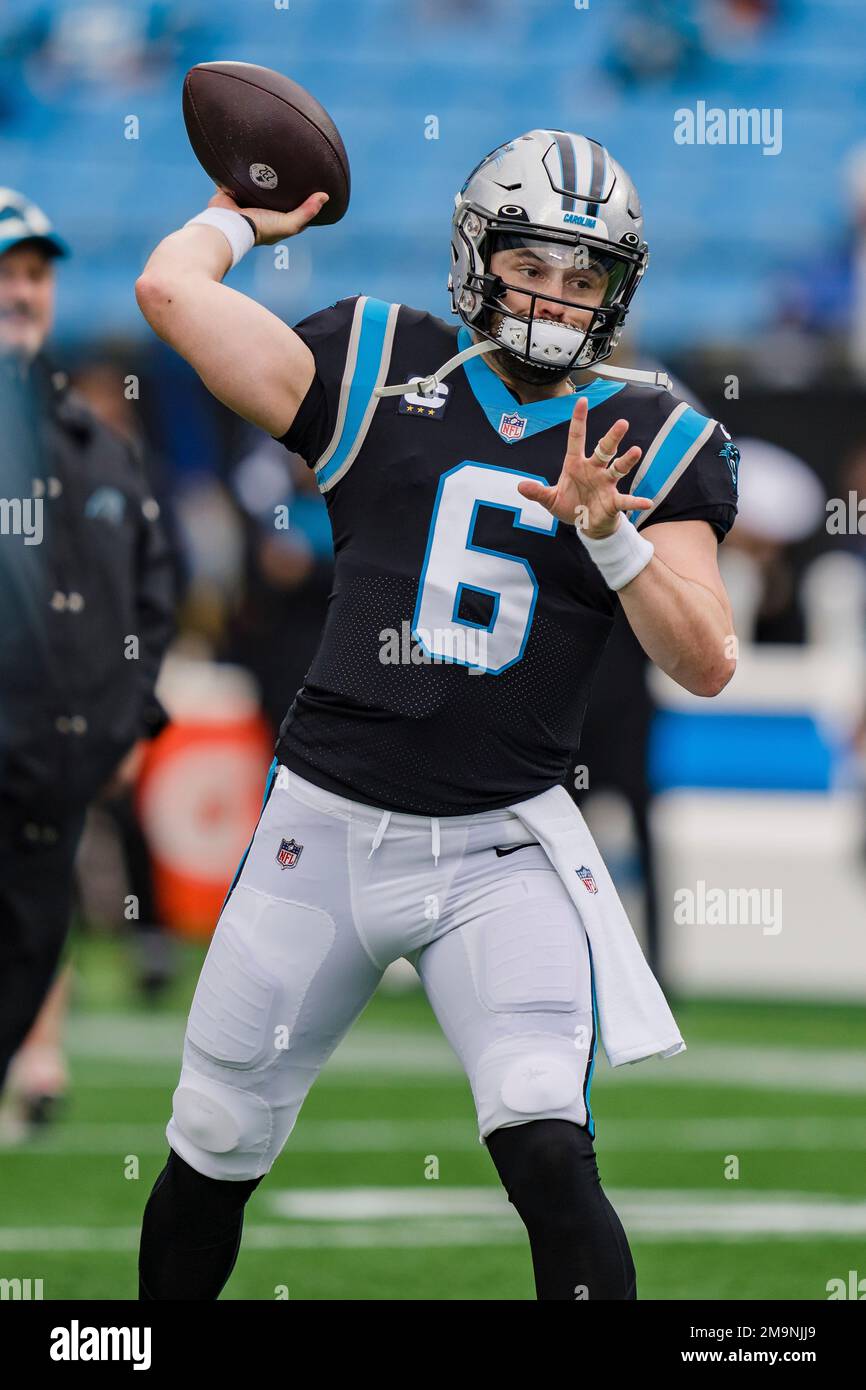 Carolina Panthers quarterback Baker Mayfield warms up before an