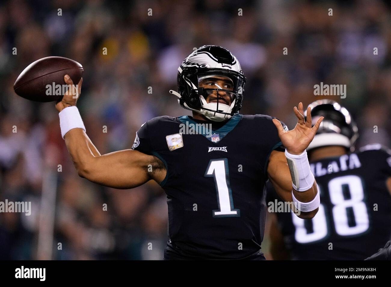 Philadelphia Eagles quarterback Jalen Hurts (1) throws during the