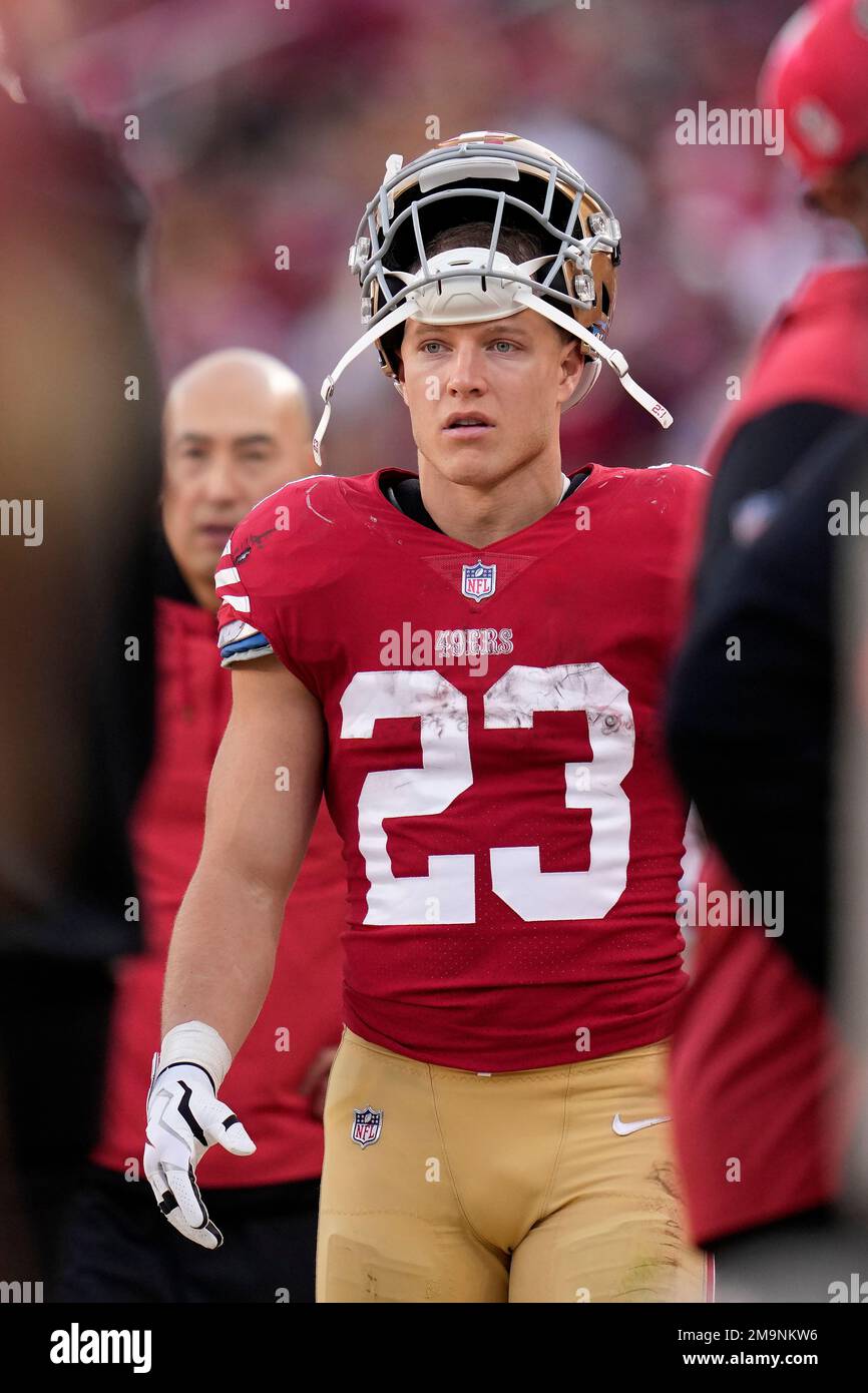 San Francisco 49ers running back Christian McCaffrey (23) walks on the  sideline during the second half of an NFL football game against the New  Orleans Saints in Santa Clara, Calif., Sunday, Nov.