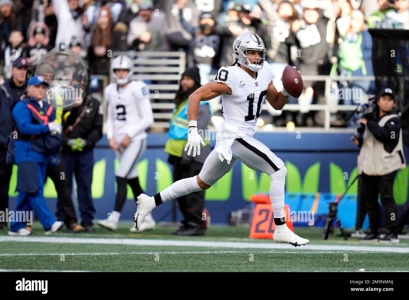 Wide receiver Mack Hollins of the Las Vegas Raiders runs after a