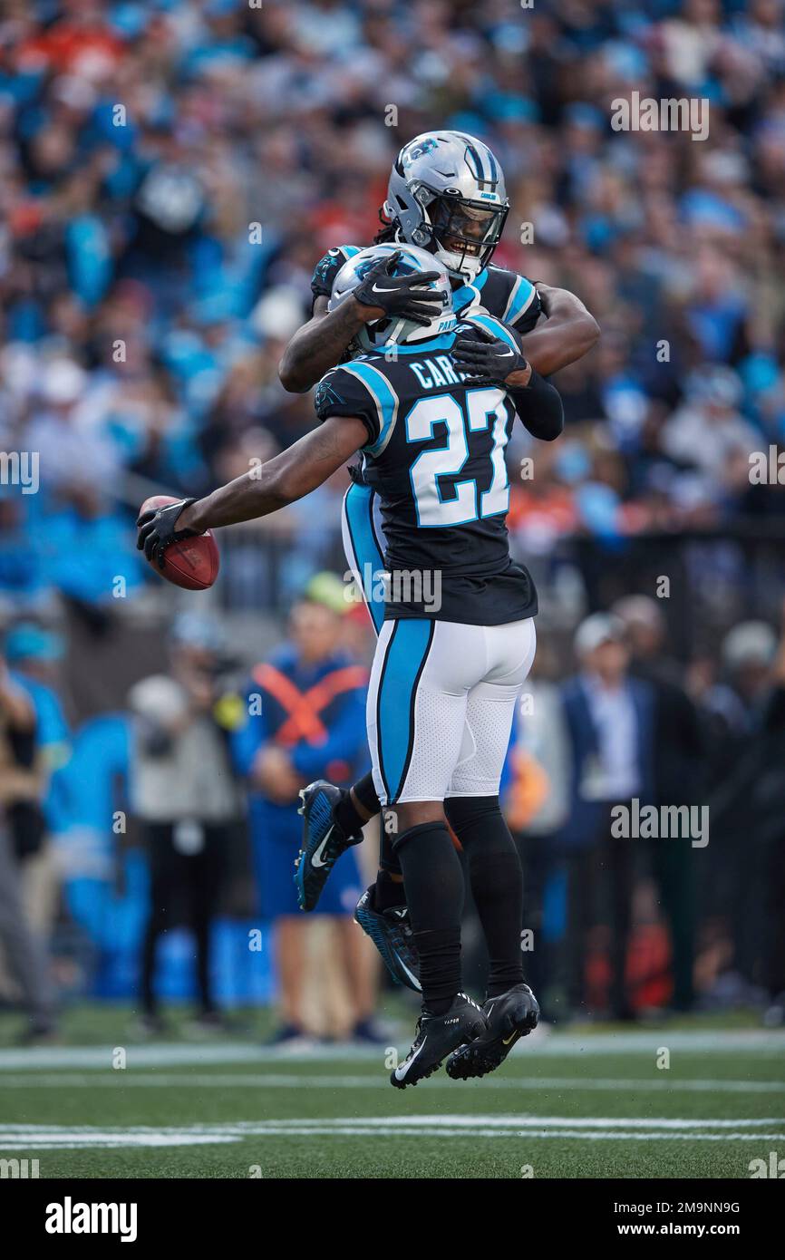 Carolina Panthers cornerback T.J. Carrie (27) celebrates with