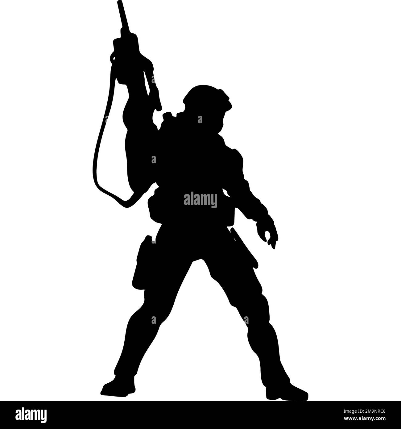 Black and white silhouette of a soldier with a weapon. A special forces soldier aims and shoots a rifle or a machine gun at the enemy Stock Photo