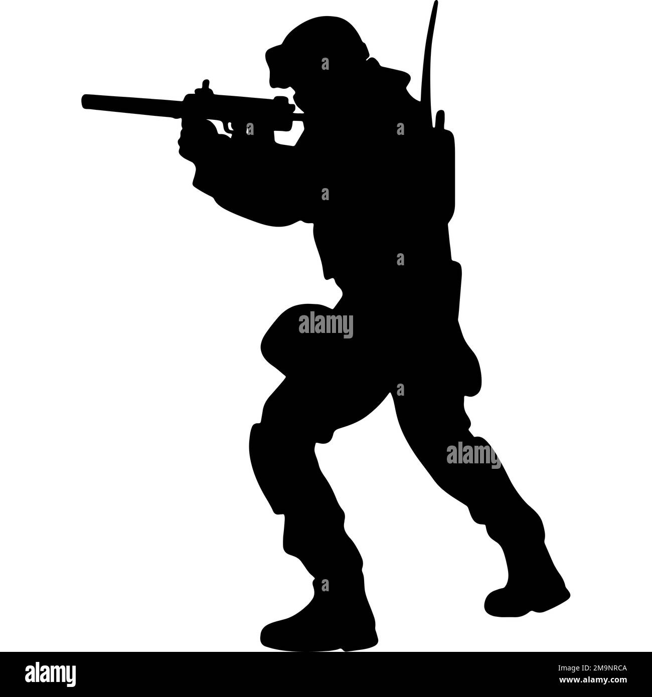 Black and white silhouette of a soldier with a weapon. A special forces soldier aims and shoots a rifle or a machine gun at the enemy Stock Photo