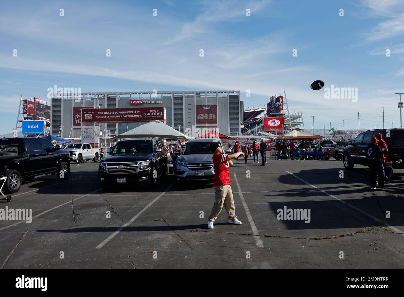 Fans tailgate at Levi's Stadium before an NFL football game between the San  Francisco 49ers and the New Orleans Saints in Santa Clara, Calif., Sunday,  Nov. 27, 2022. (AP Photo/Jed Jacobsohn Stock